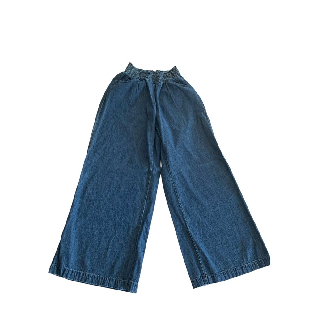 DG2 Wide Leg Denim Pants Womens XL Blue Smocked Waist Cotton Boho Coastal Core